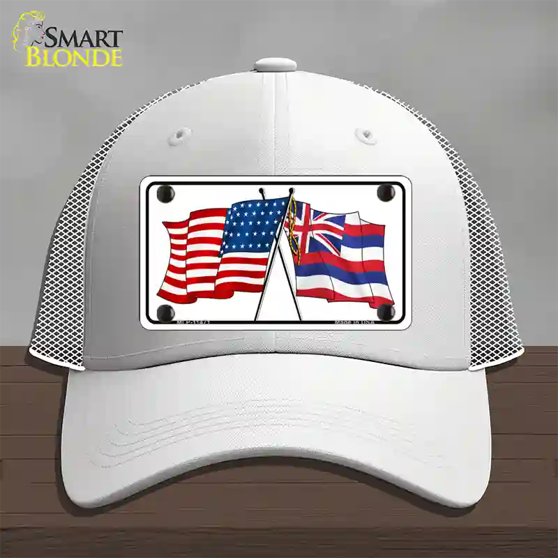 Hawaii Crossed US Flag Novelty License Plate Hat Mesh / White