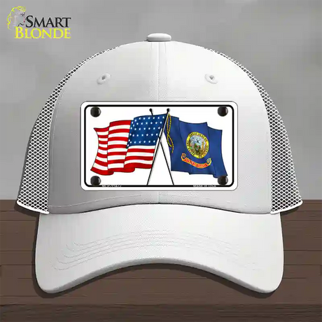 Idaho Crossed US Flag Novelty License Plate Hat Mesh / White