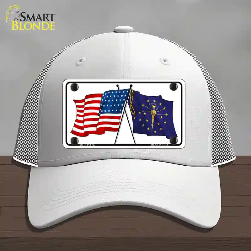 Indiana Crossed US Flag Novelty License Plate Hat Mesh / White