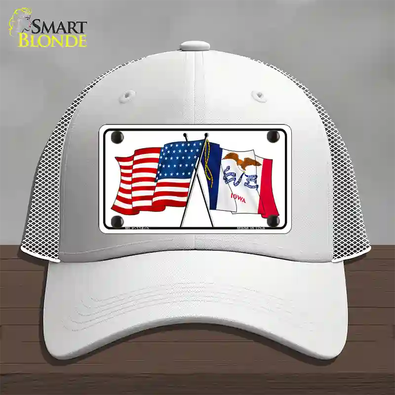 Iowa Crossed US Flag Novelty License Plate Hat Mesh / White