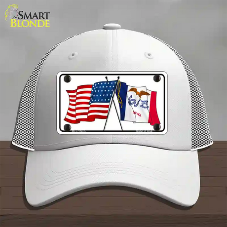 Iowa Crossed US Flag Novelty License Plate Hat Mesh / White