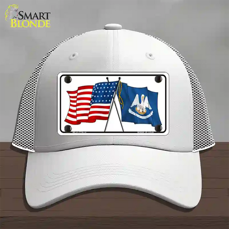 Louisiana Crossed US Flag Novelty License Plate Hat Mesh / White