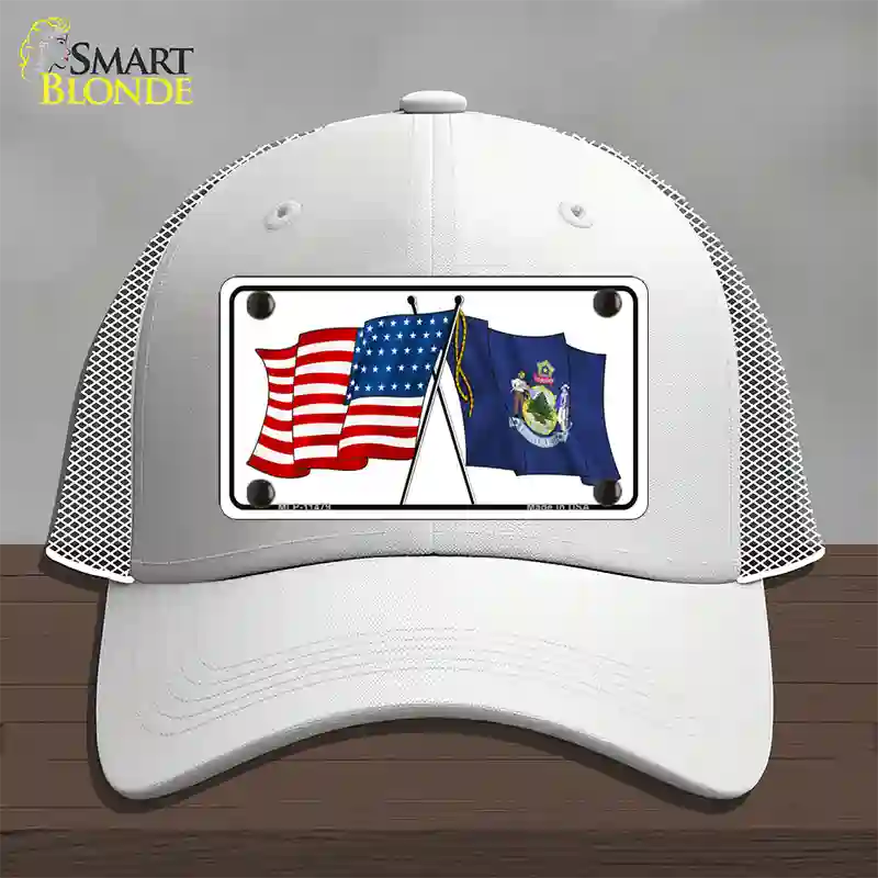 Maine Crossed US Flag Novelty License Plate Hat Mesh / White