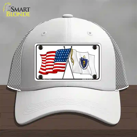 Massachusetts Crossed US Flag Novelty License Plate Hat Mesh / White