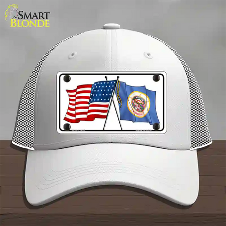 Minnesota Crossed US Flag Novelty License Plate Hat Mesh / White