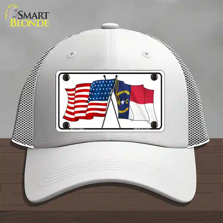 North Carolina Crossed US Flag Novelty License Plate Hat Mesh / White