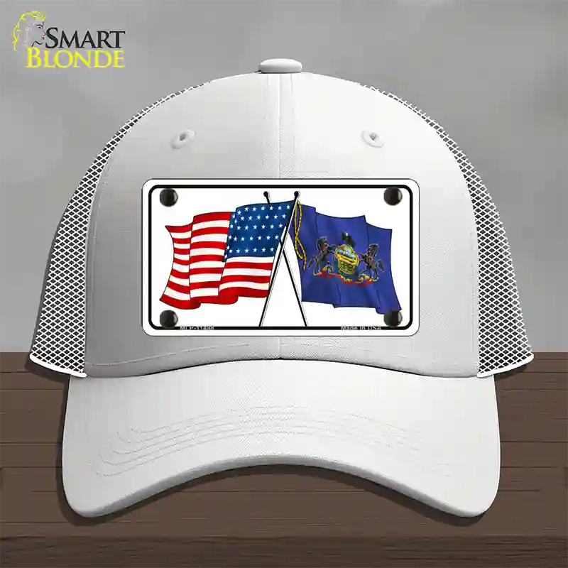 Pennsylvania Crossed US Flag Novelty License Plate Hat Mesh / White