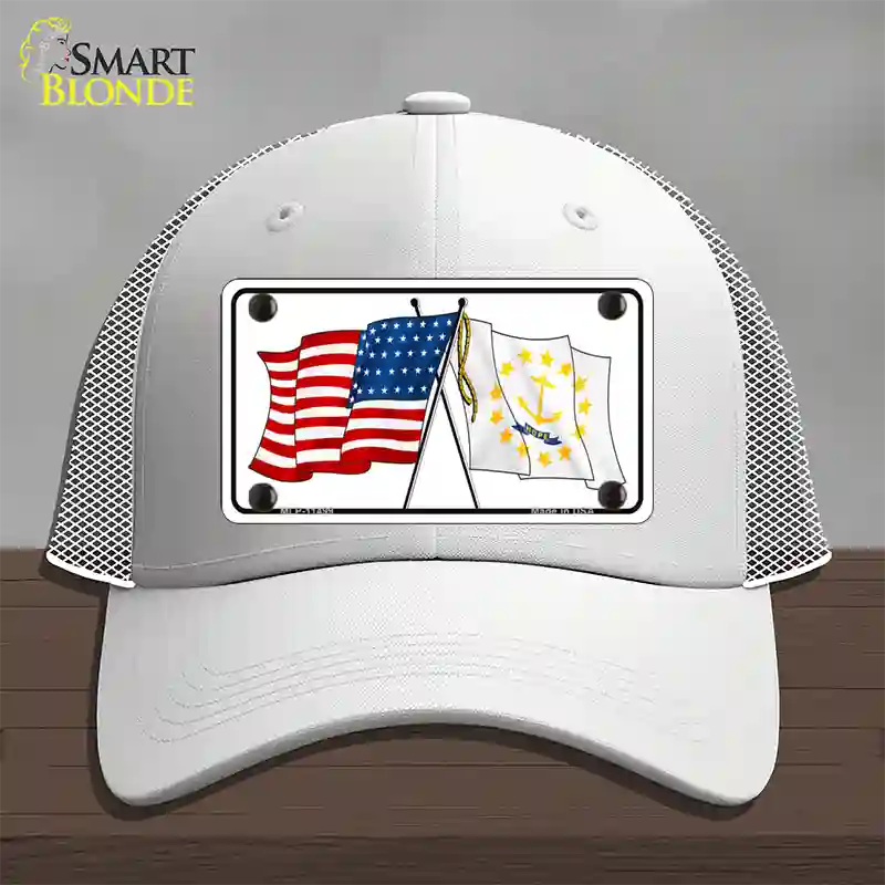 Rhode Island Crossed US Flag Novelty License Plate Hat Mesh / White