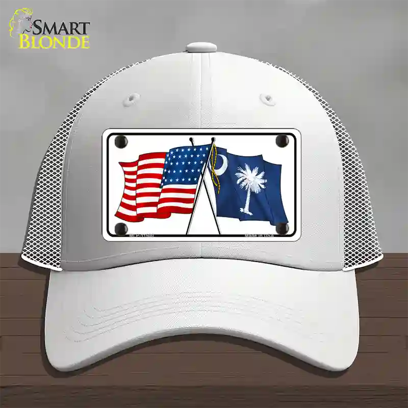 South Carolina Crossed US Flag Novelty License Plate Hat Mesh / White