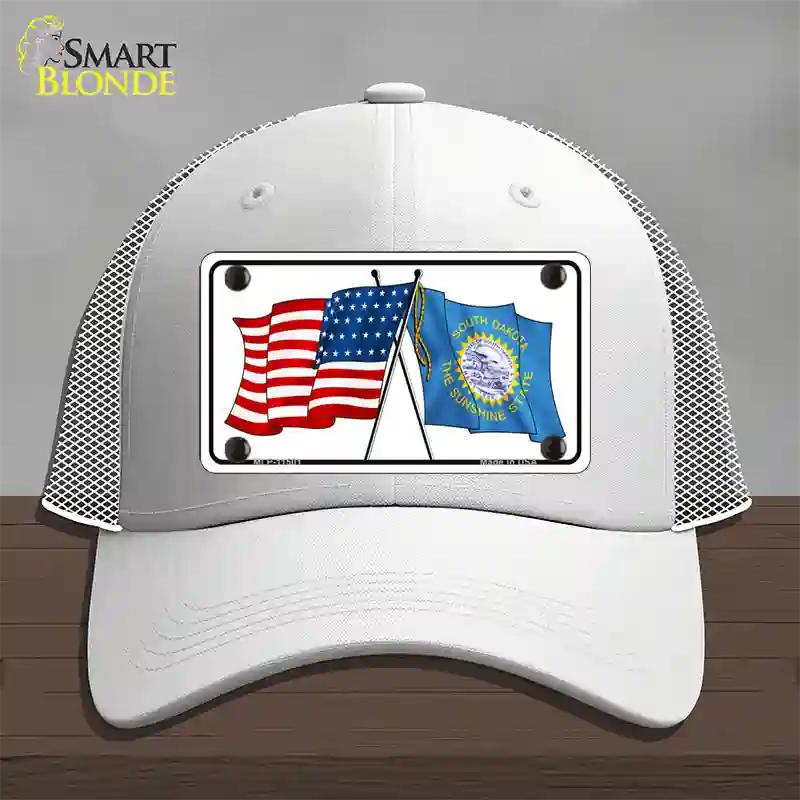 South Dakota Crossed US Flag Novelty License Plate Hat Mesh / White