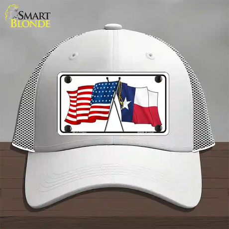 Texas Crossed US Flag Novelty License Plate Hat Mesh / White