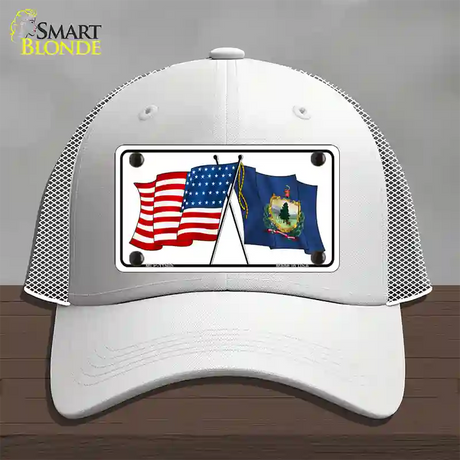 Vermont Crossed US Flag Novelty License Plate Hat Mesh / White