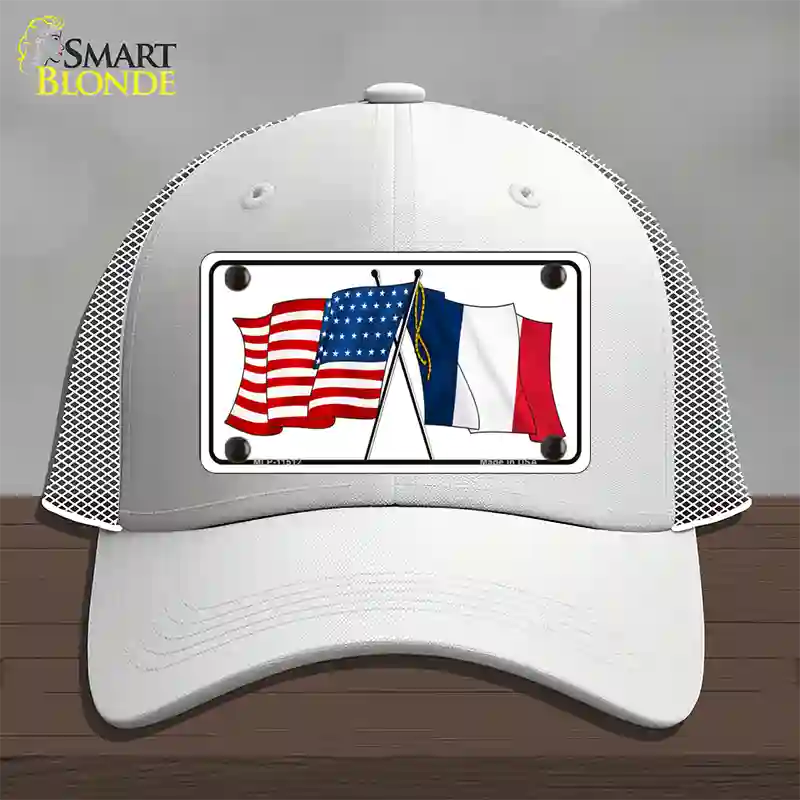 France Crossed US Flag Novelty License Plate Hat Mesh / White