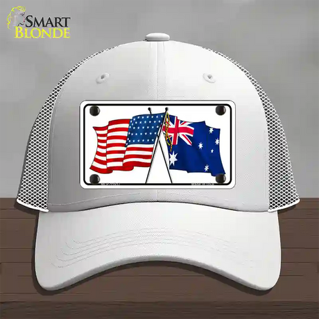 Australia Crossed US Flag Novelty License Plate Hat Mesh / White