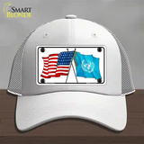 United Nation Crossed US Flag Novelty License Plate Hat Mesh / White