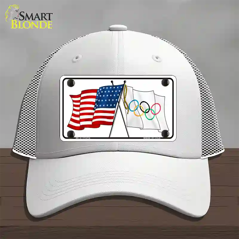 Olympic Crossed US Flag Novelty License Plate Hat Mesh / White