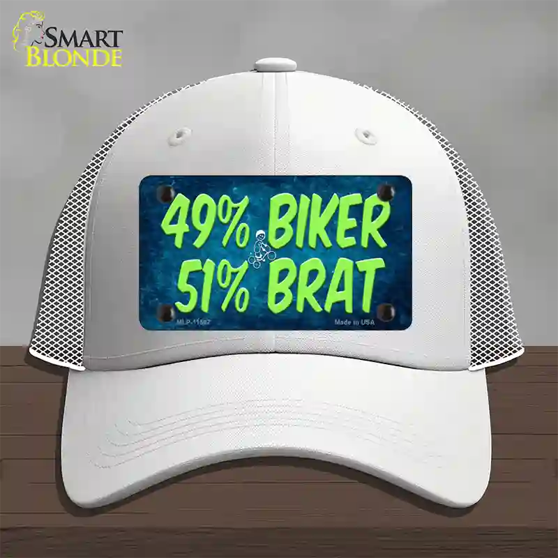 49% Biker 51% Brat Novelty License Plate Hat Mesh / White