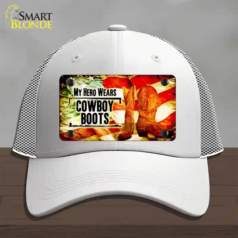 My Hero Wears Cowboy Boots Novelty License Plate Hat Mesh / White