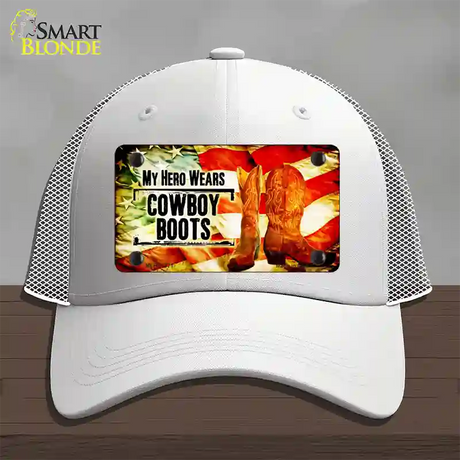 My Hero Wears Cowboy Boots Novelty License Plate Hat Mesh / White