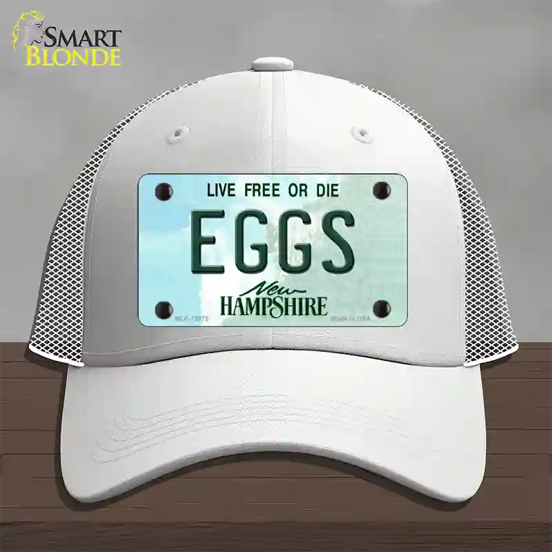 Eggs New Hampshire State Novelty License Plate Hat Mesh / White