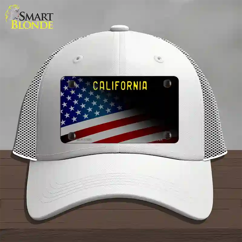 California with American Flag Novelty License Plate Hat Mesh / White