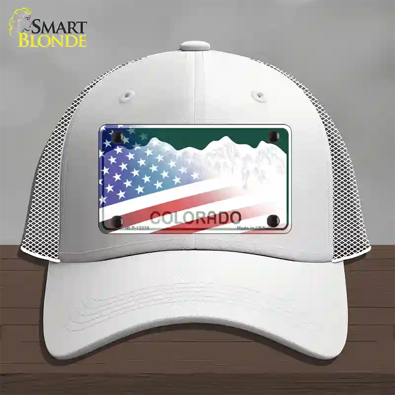 Colorado with American Flag Novelty License Plate Hat Mesh / White