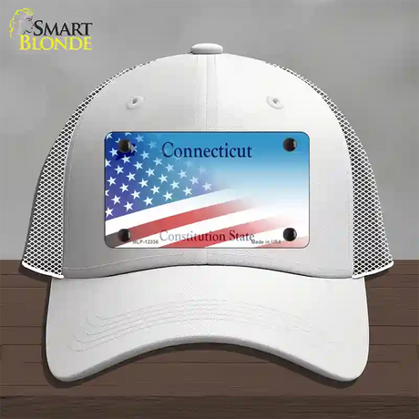 Connecticut with American Flag Novelty License Plate Hat Mesh / White