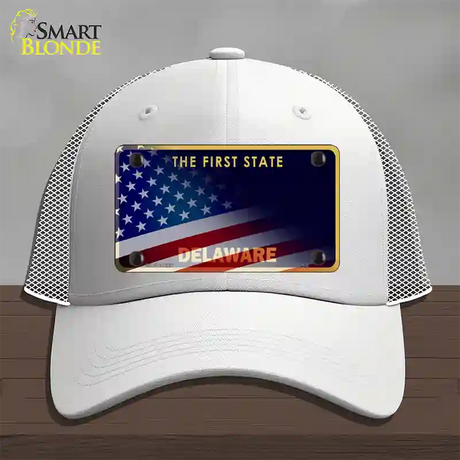 Delaware with American Flag Novelty License Plate Hat Mesh / White