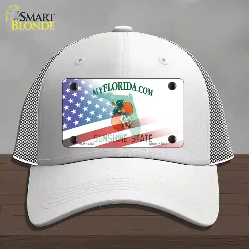 Florida with American Flag Novelty License Plate Hat Mesh / White