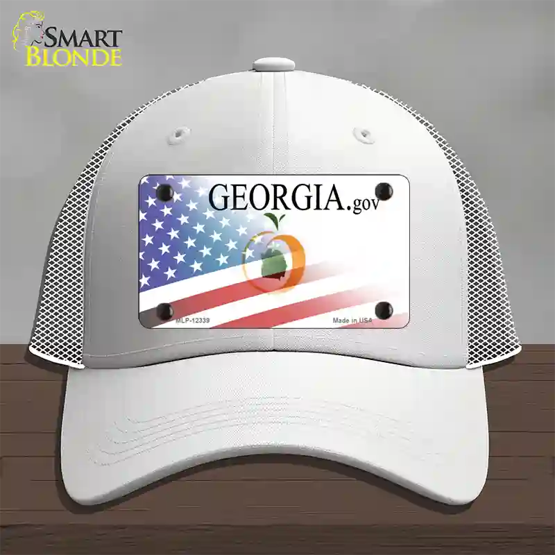 Georgia with American Flag Novelty License Plate Hat Mesh / White