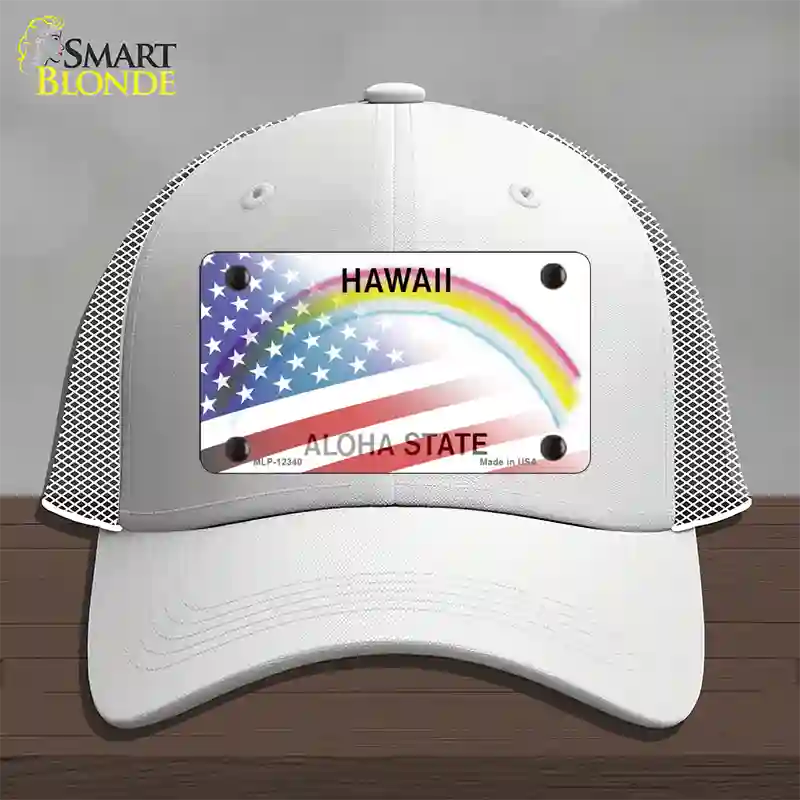 Hawaii with American Flag Novelty License Plate Hat Mesh / White