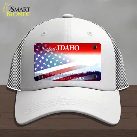 Idaho with American Flag Novelty License Plate Hat Mesh / White