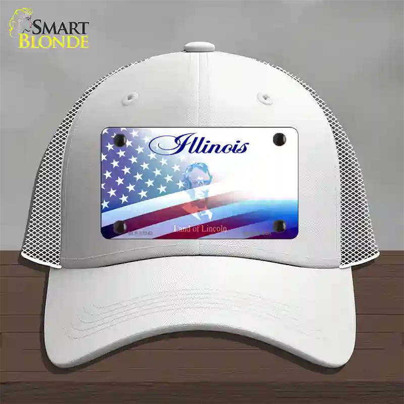 Illinois with American Flag Novelty License Plate Hat Mesh / White