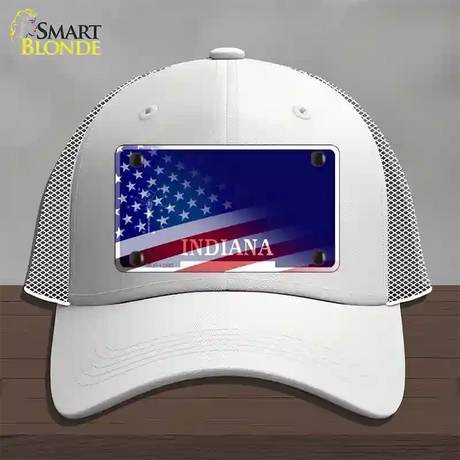 Indiana with American Flag Novelty License Plate Hat Mesh / White