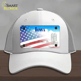 Iowa with American Flag Novelty License Plate Hat Mesh / White