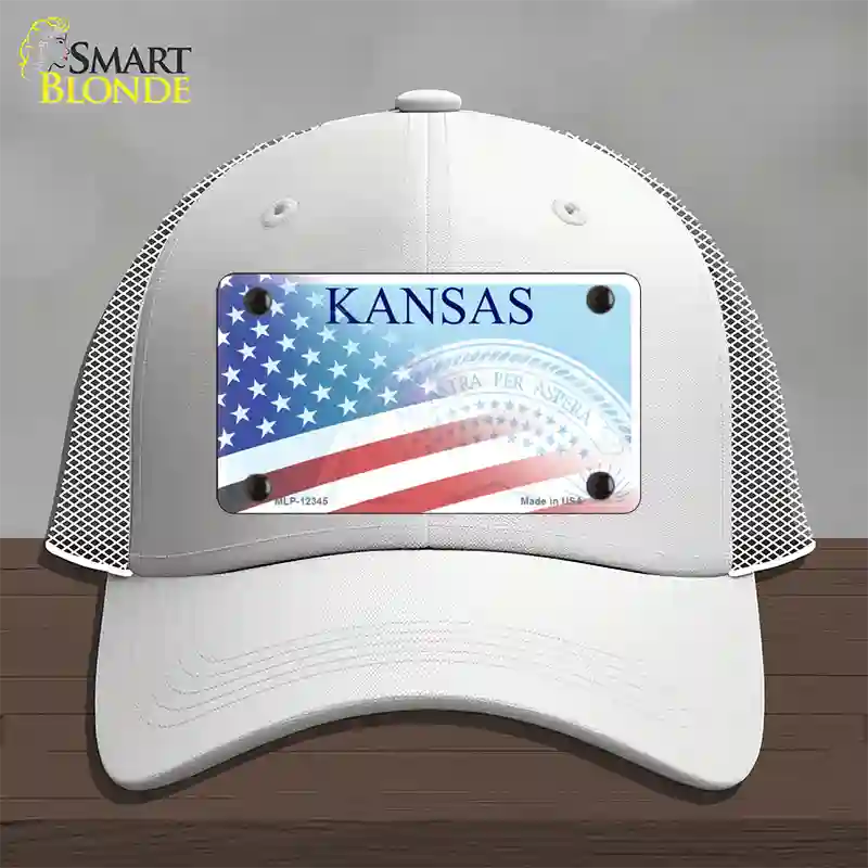 Kansas with American Flag Novelty License Plate Hat Mesh / White