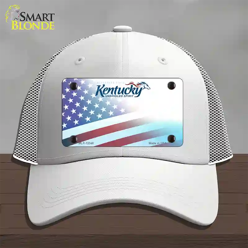 Kentucky with American Flag Novelty License Plate Hat Mesh / White