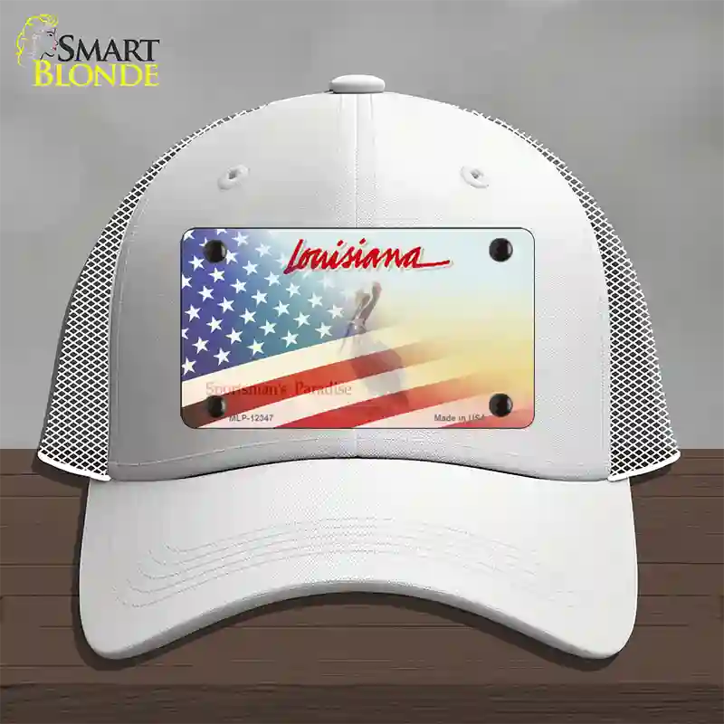 Louisiana with American Flag Novelty License Plate Hat Mesh / White