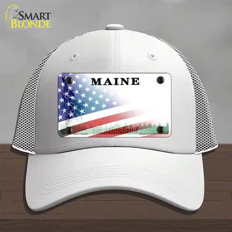 Maine with American Flag Novelty License Plate Hat Mesh / White