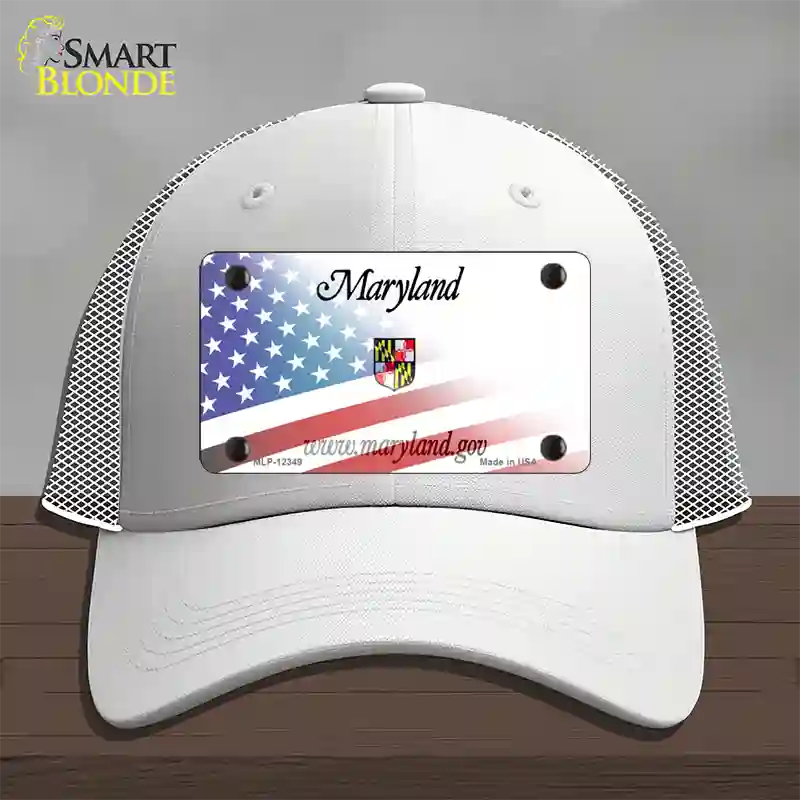 Maryland with American Flag Novelty License Plate Hat Mesh / White