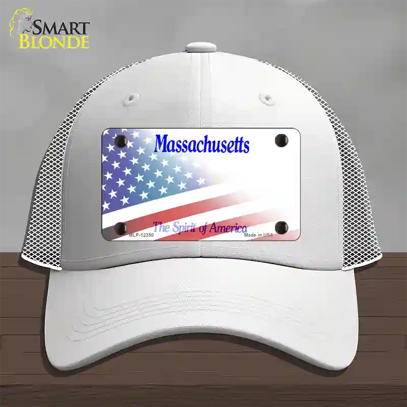 Massachusetts with American Flag Novelty License Plate Hat Mesh / White