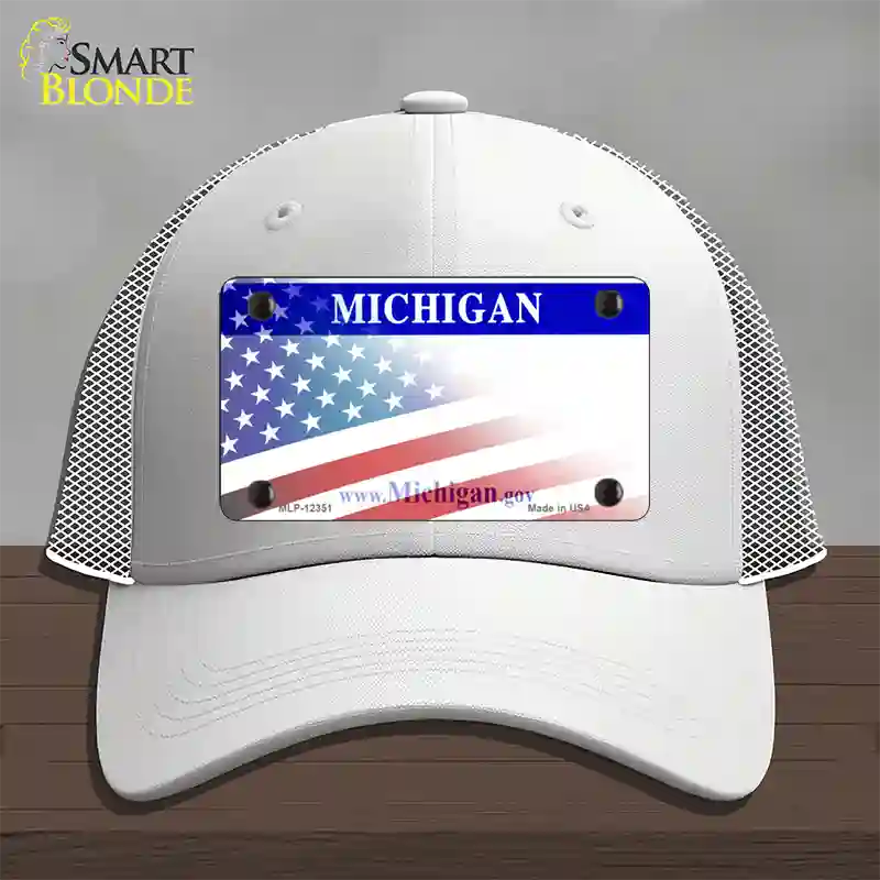 Michigan with American Flag Novelty License Plate Hat Mesh / White