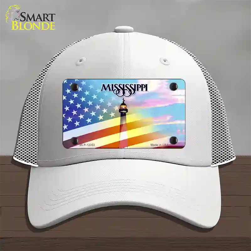 Mississippi with American Flag Novelty License Plate Hat Mesh / White