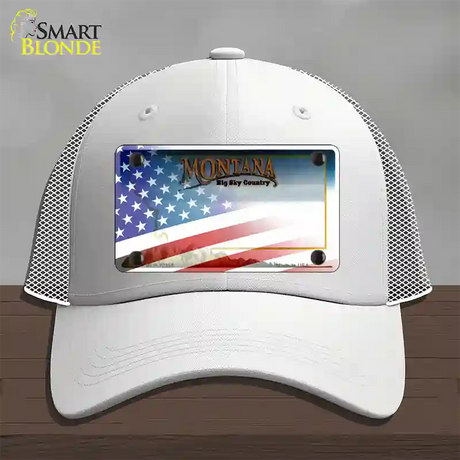 Montana with American Flag Novelty License Plate Hat Mesh / White