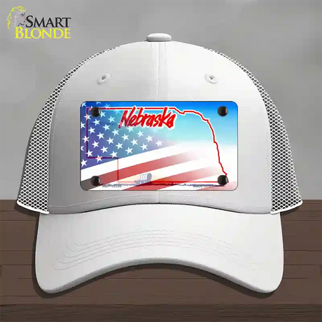 Nebraska with American Flag Novelty License Plate Hat Mesh / White