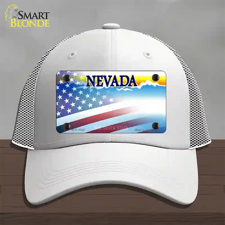 Nevada with American Flag Novelty License Plate Hat Mesh / White