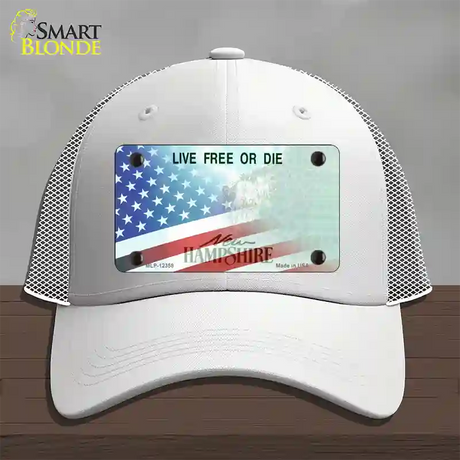 New Hampshire with American Flag Novelty License Plate Hat Mesh / White