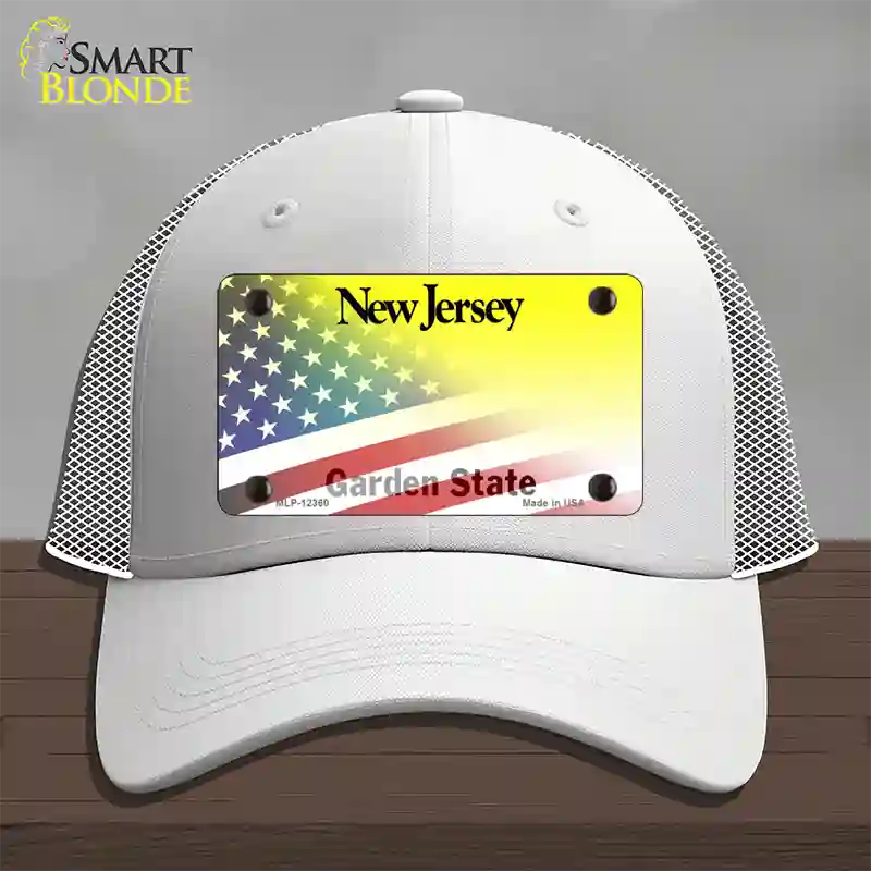 New Jersey with American Flag Novelty License Plate Hat Mesh / White