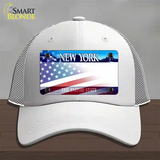 New York with American Flag Novelty License Plate Hat Mesh / White