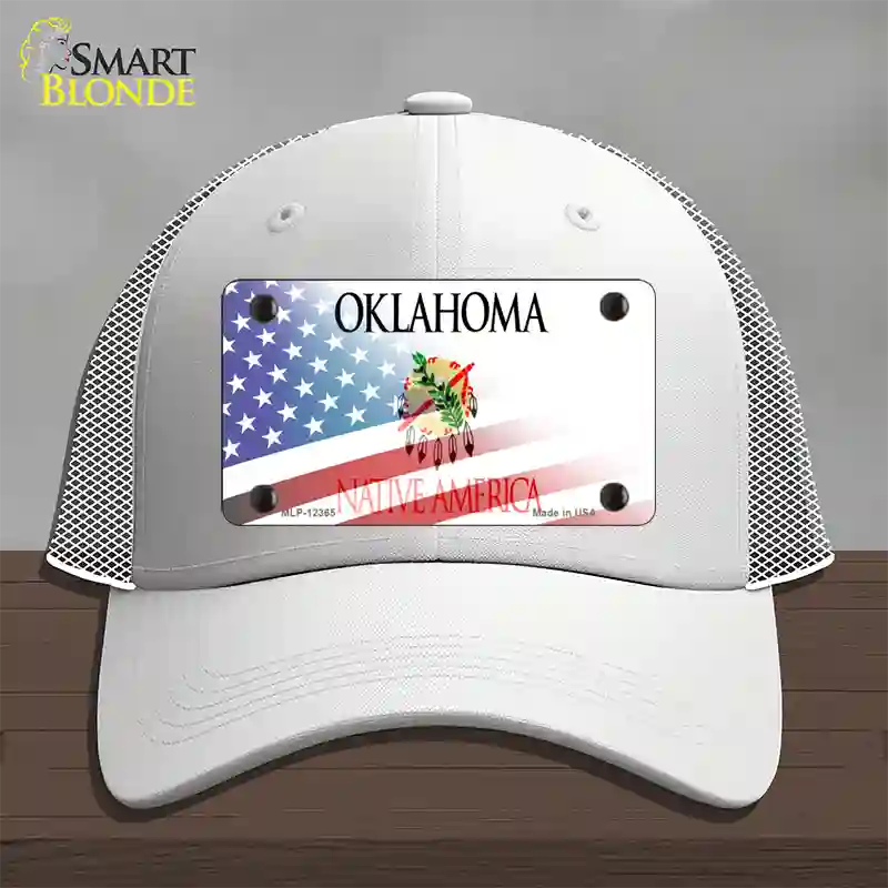 Oklahoma with American Flag Novelty License Plate Hat Mesh / White